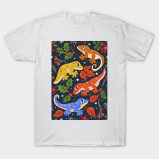 Colourful Christmas Geckos with Holly on Dark Blue T-Shirt